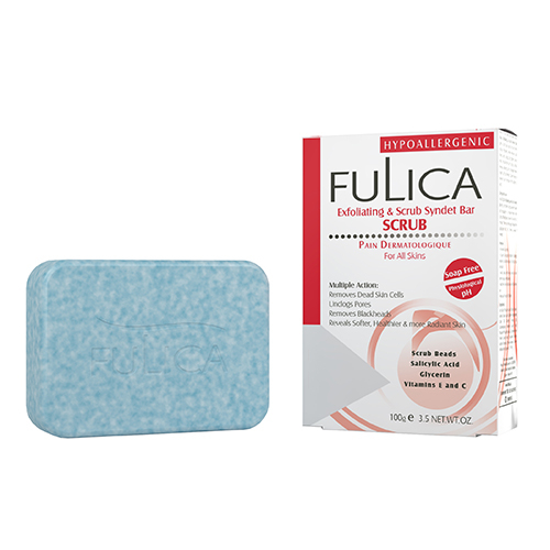fulica exfoliating & scrub syndet bar پن لایه بردار و اسکراب فولیکا مناسب انواع پوست 100 گرم